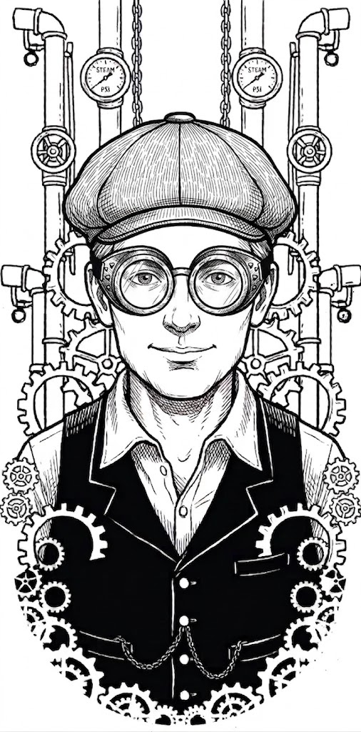 Illustration of Kyle as a young steampunk gentleman